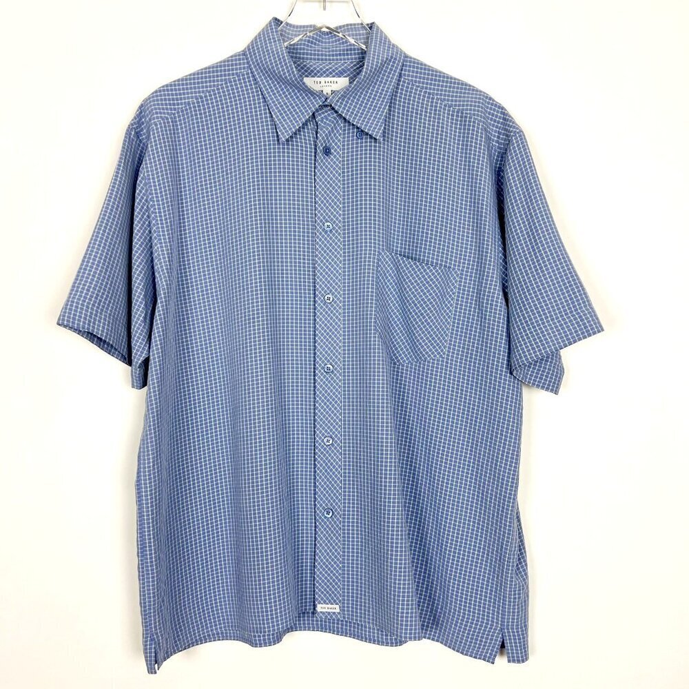 Ted Baker Camp Shirt Mens L Blue Butter Yellow Checkered Print Short Sleeve